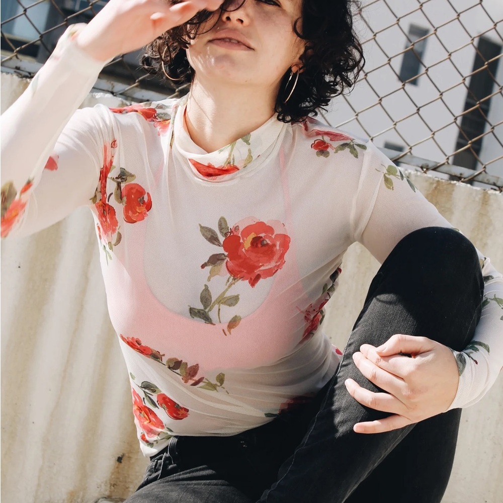 Mesh Sheer Floral Mock Neck Slim Fit Long Sleeve Blouse Beige Pink Red